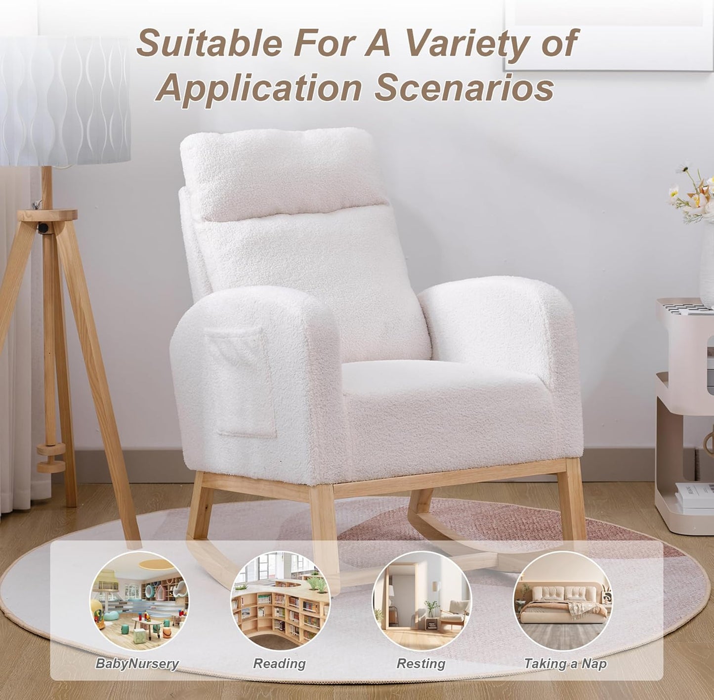 Nursery Rocking Chair with Solid Wood Legs, Glider Chair for Nursery with Two Side Pockets, Rocker Armchair for Living Room Bedroom (Ivory White, Teddy Fabric)