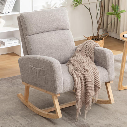 Rocking Chair Nursery, Upholstered Nursing Rocker Chair for Mom with High Backrest and Side Pockets for Bedroom Living Room, Beige