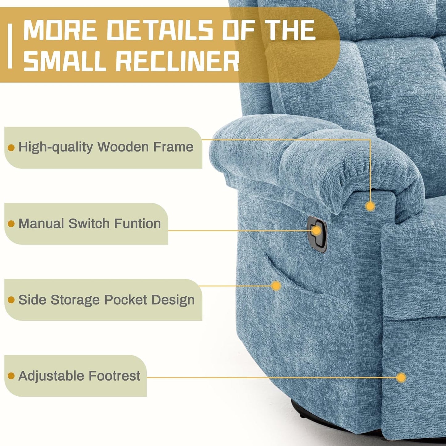 Korser Recliner Chair, Swivel Rocker Recliner Chair for Adults, Small Recliners for Small Spaces, Upholstered Manual Recliner with Side Pockets, Nursery Rocking Chair for Living Room, Chenille, Beige