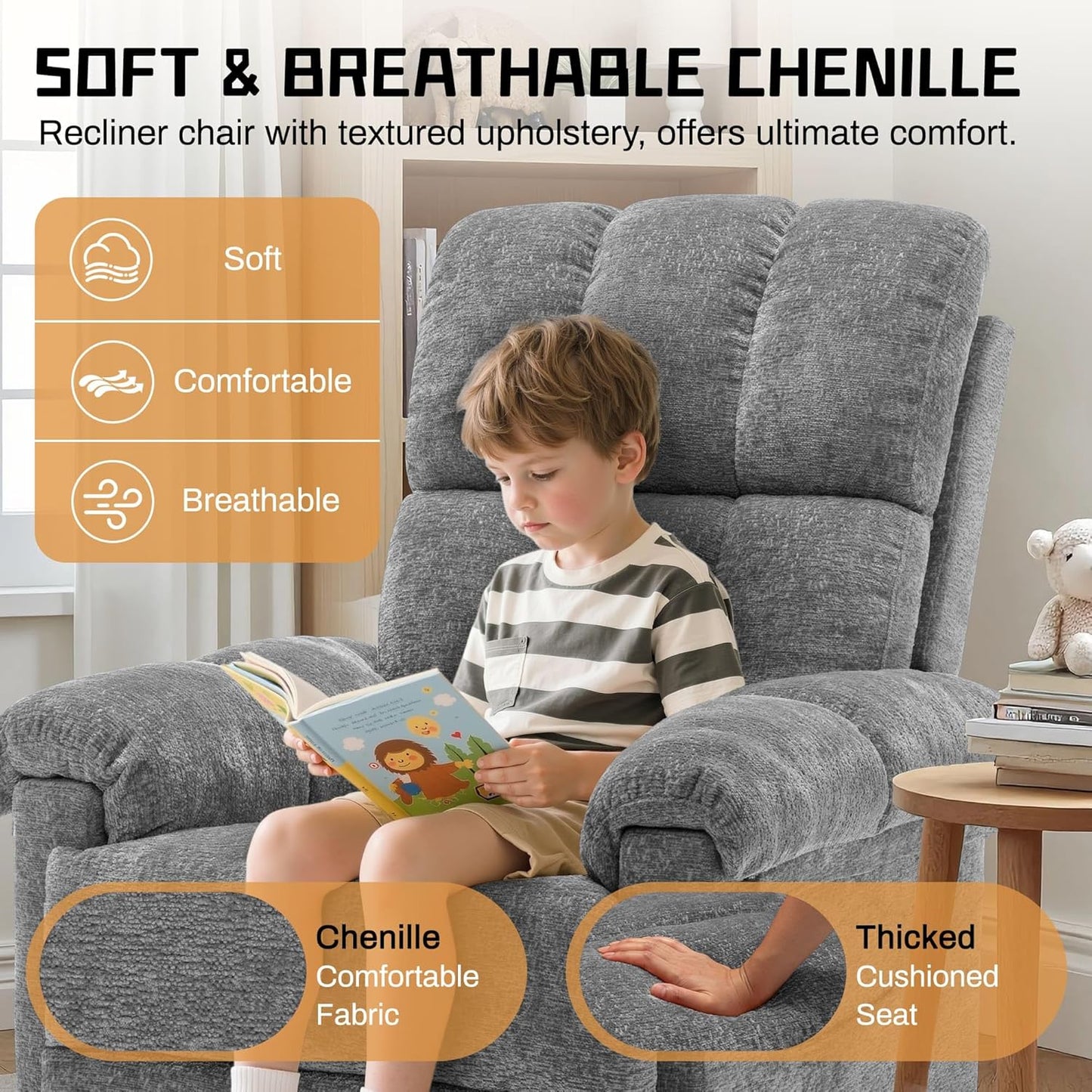 Korser Recliner Chair, Swivel Rocker Recliner Chair for Adults, Small Recliners for Small Spaces, Upholstered Manual Recliner with Side Pockets, Nursery Rocking Chair for Living Room, Chenille, Beige