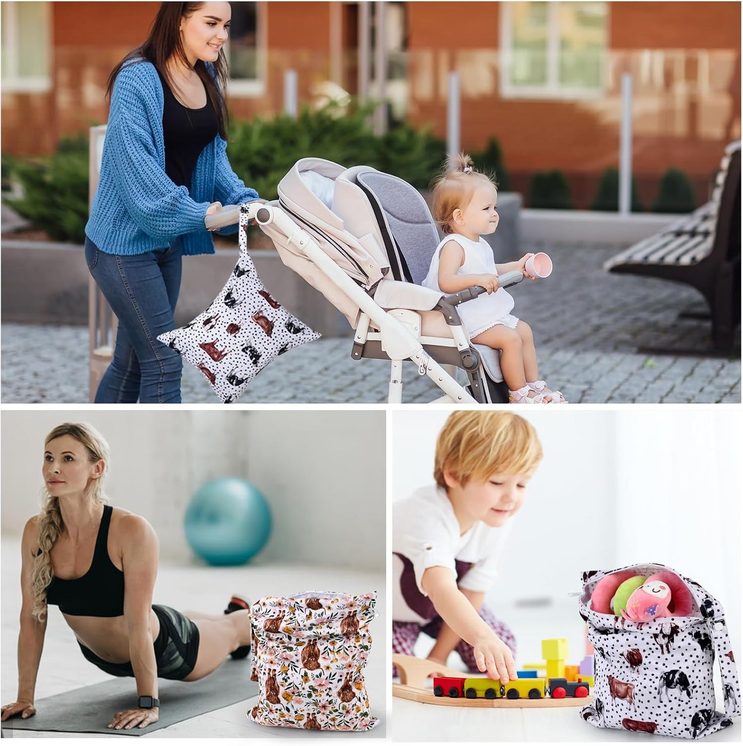 Wet Dry Bags 2-Pack with Cute Dolphin Print - Waterproof Travel Organizer for Swimming Pool Beach Gym Baby Cloth Diapers Swimwear with Dual Zippers