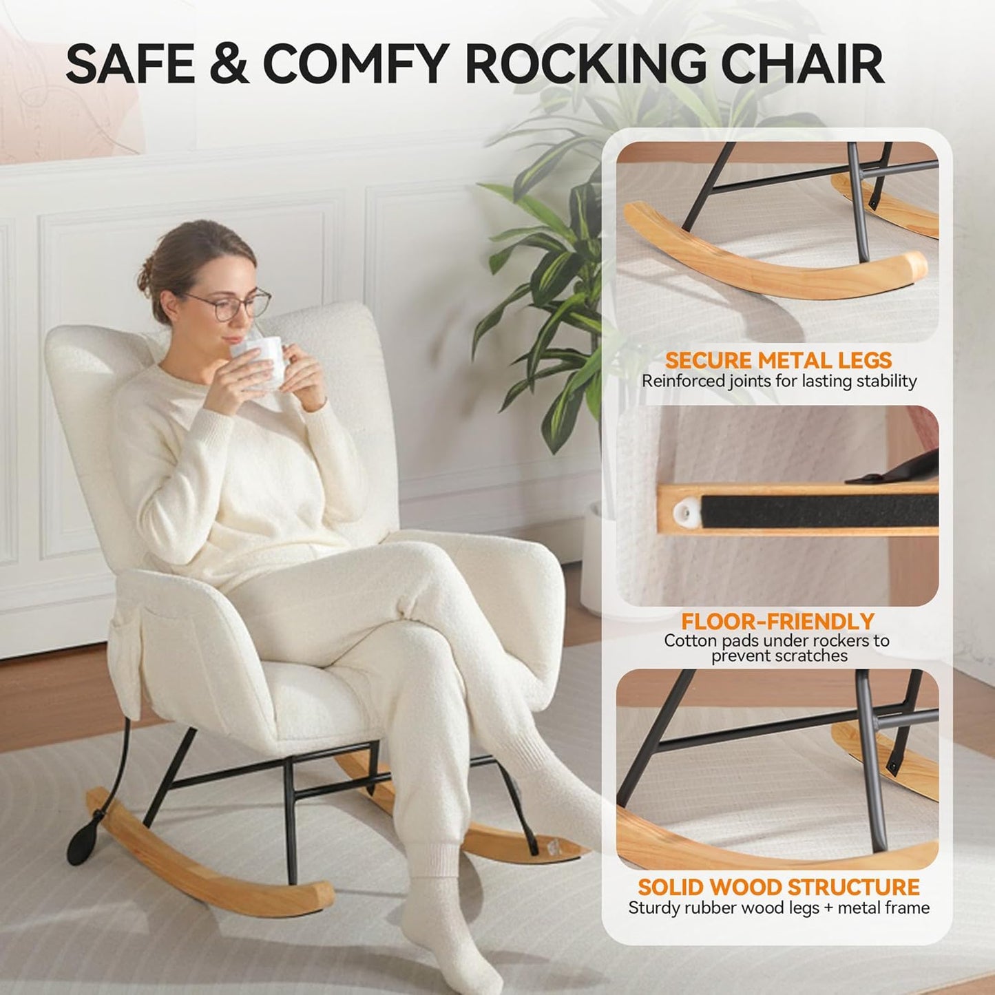Nursery Rocking Chair Teddy Upholstered Glider Rocker Rocker Accent Chair with High Backrest Armchair Comfy Side Pocket Modern Rocking Accent Chairs for Living Room, Nursery, Office-Green
