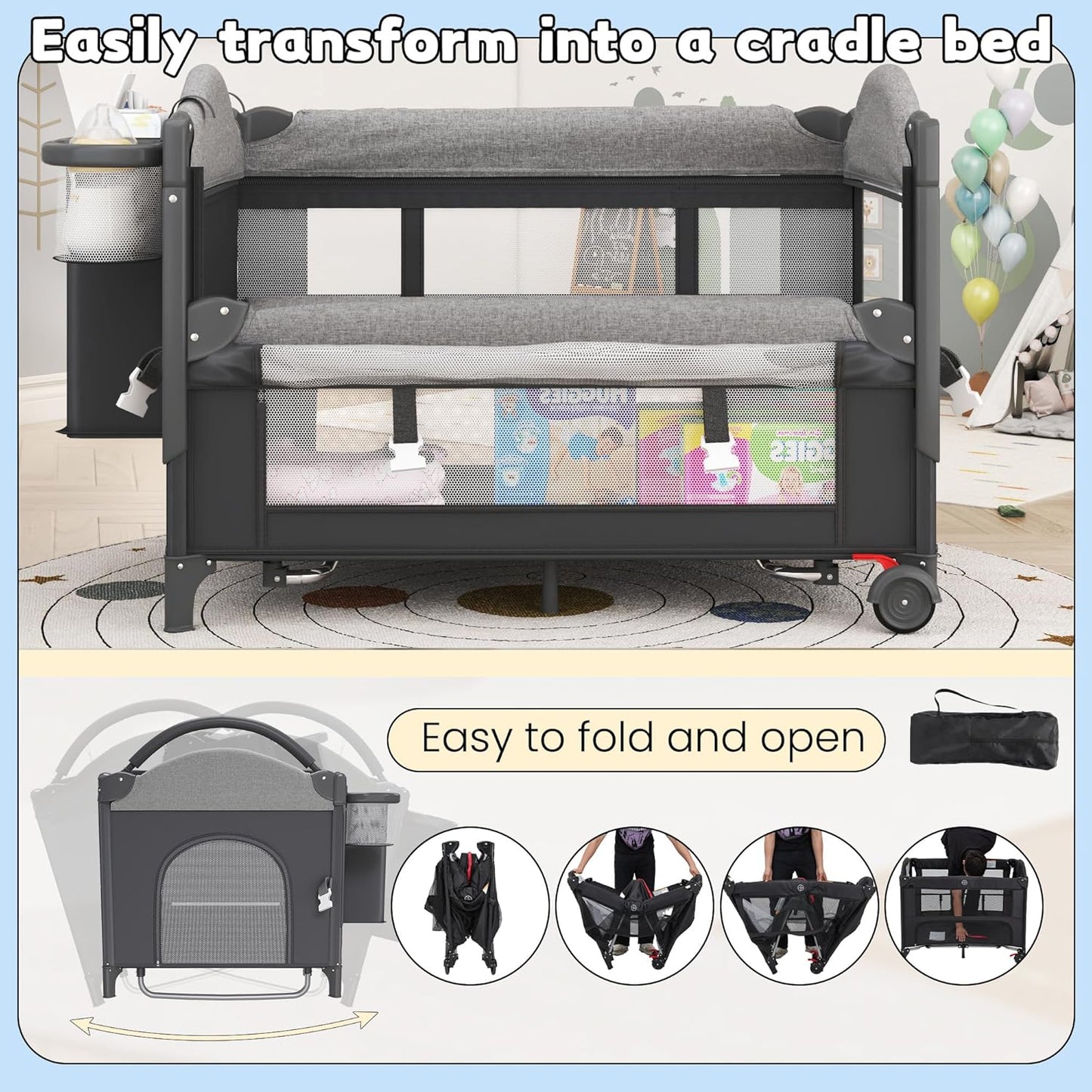 5-in-1 Baby Bassinet Bedside Sleeper with Swing Tube Converts to Cradle, Baby Crib with Mattress, Detachable Diaper Changer, Mosquito Net and Toy - Black