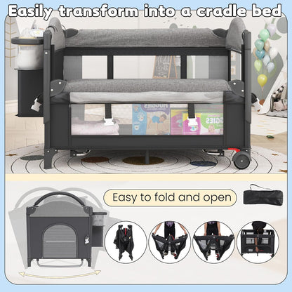 5-in-1 Baby Bassinet Bedside Sleeper with Swing Tube Converts to Cradle, Baby Crib with Mattress, Detachable Diaper Changer, Mosquito Net and Toy - Black