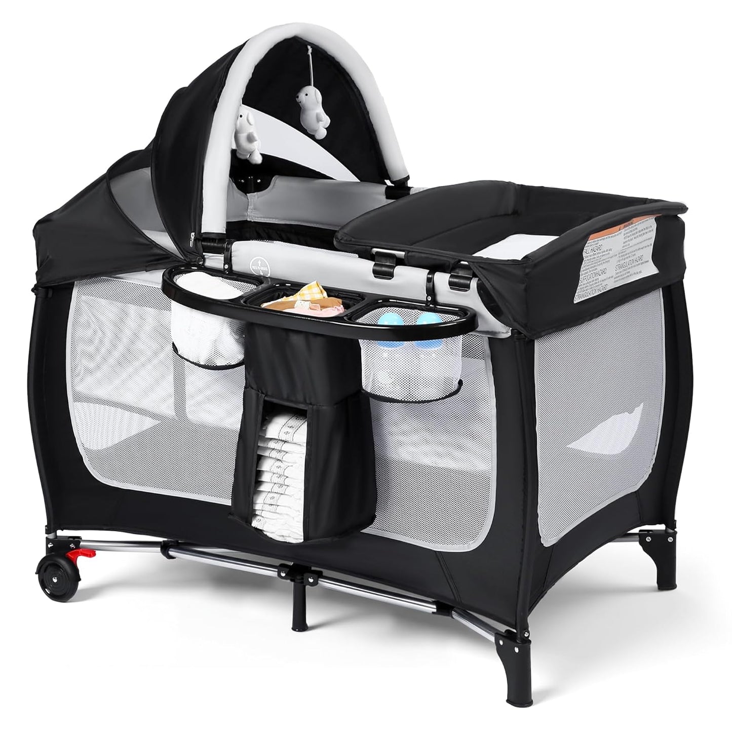 Kinder King 4 in 1 Portable Pack and Play, Baby Playard w/Bassinet, Large Playpen for Infant and Toddler, Newborn Changing Table, Adjustable Canopy, Storage Basket, Travel Bag, Black