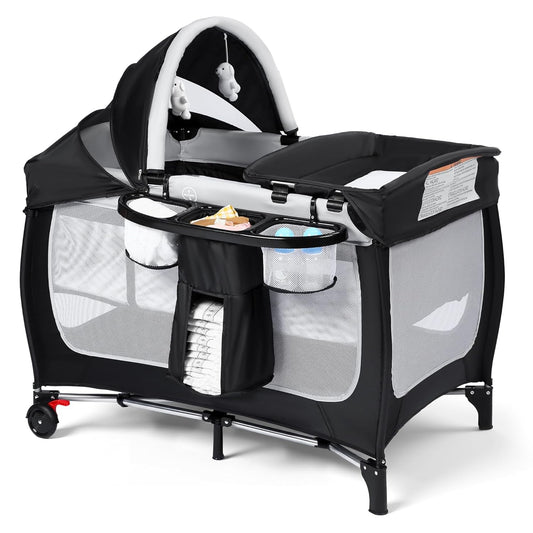 Kinder King 4 in 1 Portable Pack and Play, Baby Playard w/Bassinet, Large Playpen for Infant and Toddler, Newborn Changing Table, Adjustable Canopy, Storage Basket, Travel Bag, Black