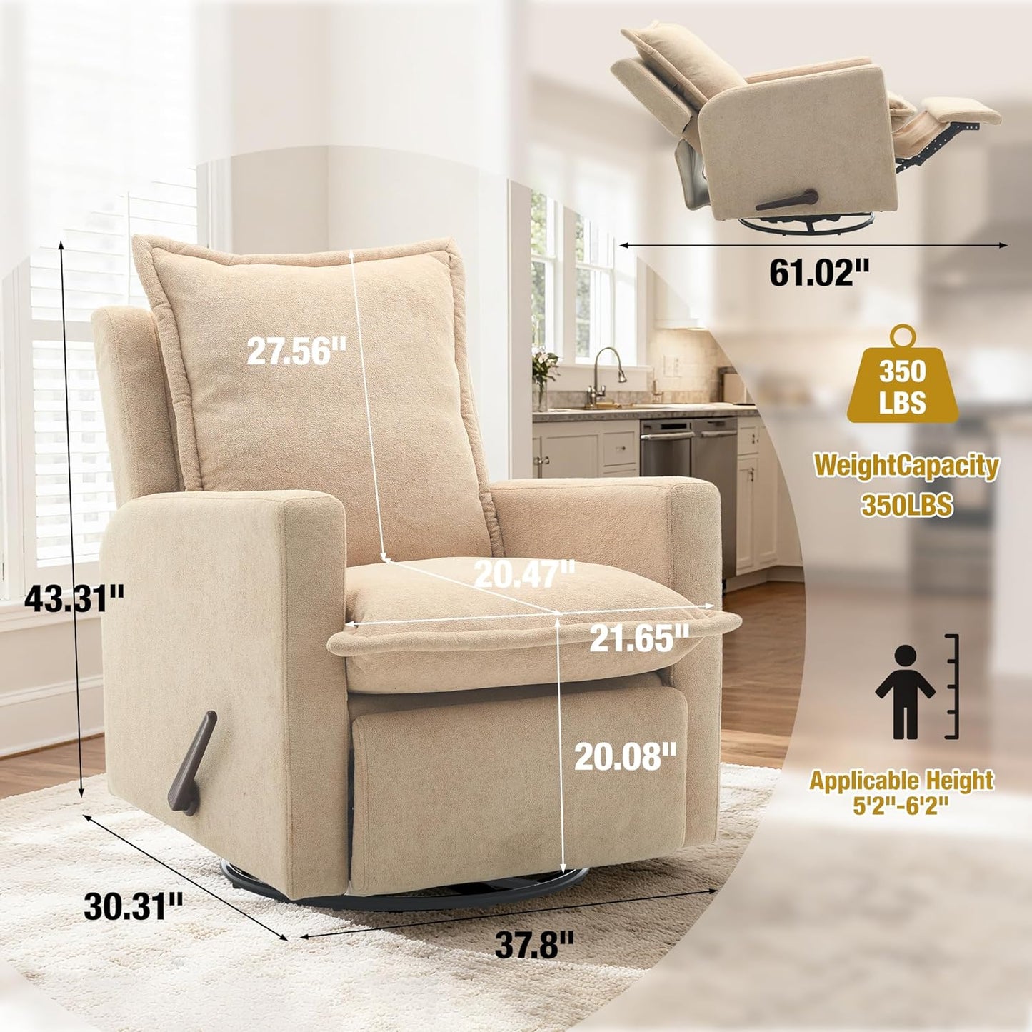 Euthymia Swivel Rocking Chair Nursery, High Back Glider Rocker Recliner Chair for Small Spaces, Manual Reclining Sofa for Living Room, Bedroom, Beige