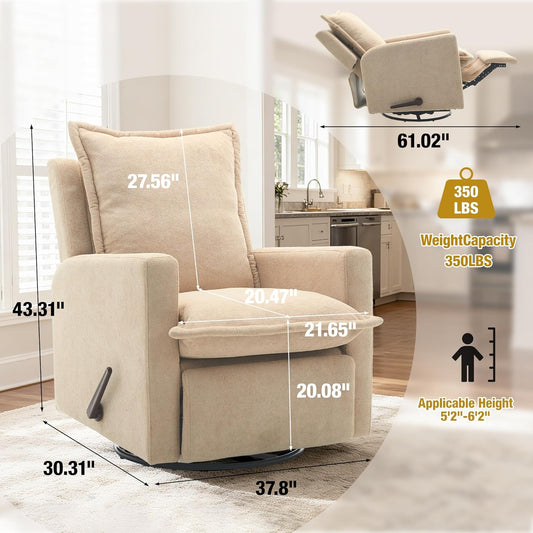 Euthymia Swivel Rocking Chair Nursery, High Back Glider Rocker Recliner Chair for Small Spaces, Manual Reclining Sofa for Living Room, Bedroom, Beige