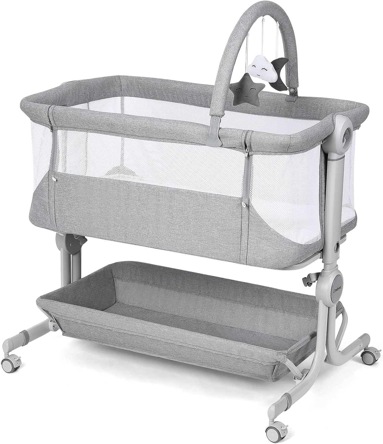 Cowiewie Baby Bassinet 4-Sided Mesh Bedside Sleeper with Wheels for Infant/Newborn Foldable Adjustable Height Portable Bedside Crib(Grey) | Breathable Mesh
