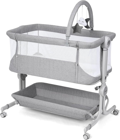 Cowiewie Baby Bassinet 4-Sided Mesh Bedside Sleeper with Wheels for Infant/Newborn Foldable Adjustable Height Portable Bedside Crib(Grey) | Breathable Mesh