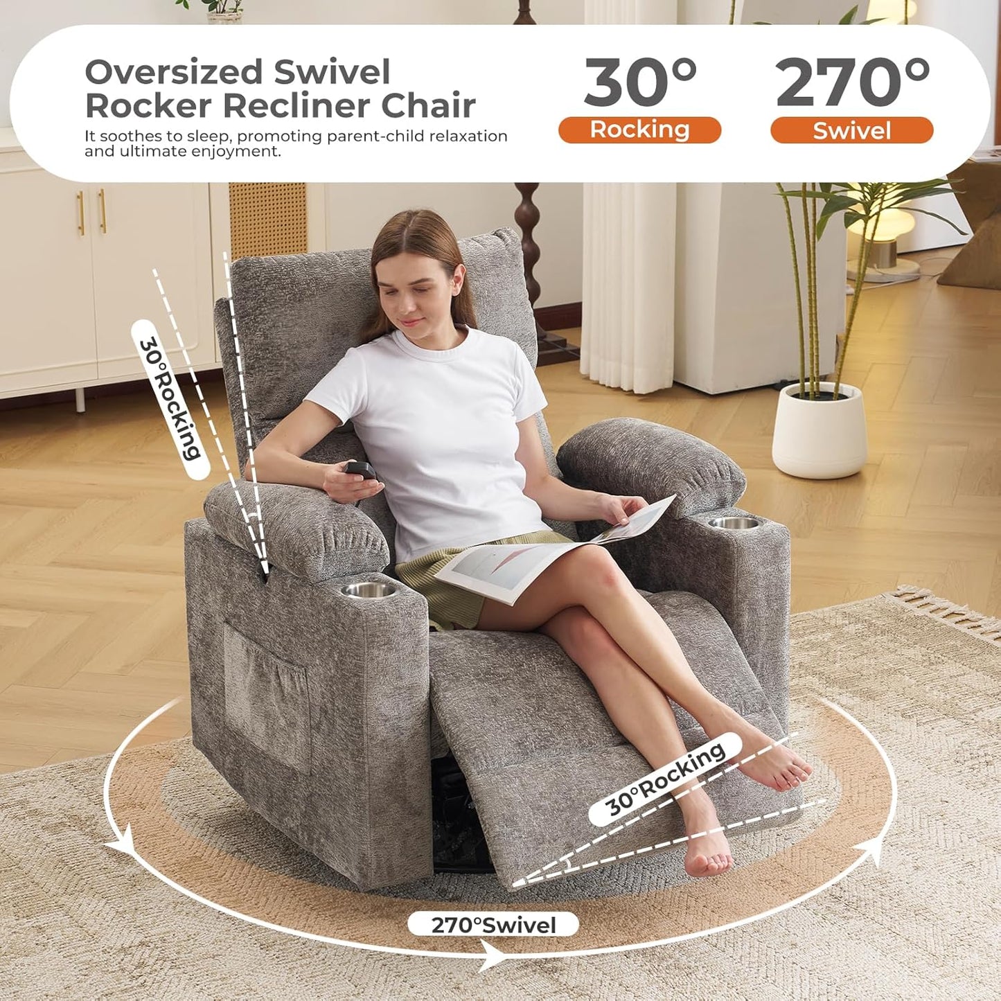 Rocking Chair Nursery with Adjustable Armrests, Electric Glider Recliner Nursing Chair for Breastfeeding, Power Swivel Recliner Chairs with Massage and Heat, Adjustable Headrest , FSC Certified, White