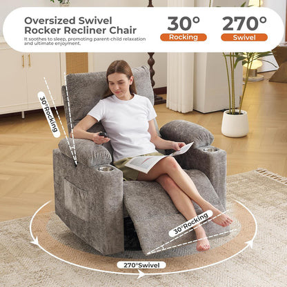 Rocking Chair Nursery with Adjustable Armrests, Electric Glider Recliner Nursing Chair for Breastfeeding, Power Swivel Recliner Chairs with Massage and Heat, Adjustable Headrest , FSC Certified, White