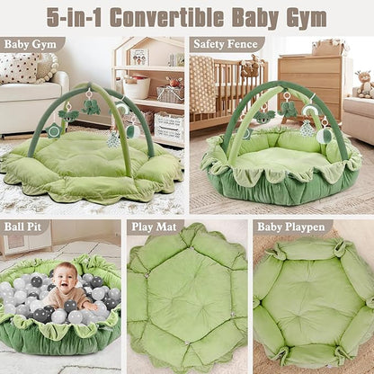 5-in-1 Plush Baby Play Gym, Activity Mat with Convertible Gym, Baby Gym 6 Sensory Toys, Play Center for Newborn to Toddler, Green