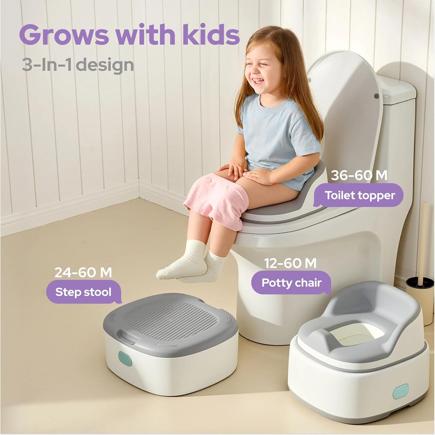 lalalark 3-in-1 Toddler Potty Training Toilet, Baby Potty Training Seat & Step Stool with Seamless TPE Seat, Extended Splash Guard, Easy-Clean Non-Absorbent Chair Toilet Trainer for Home Travels