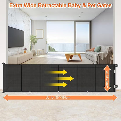 Upgrade 150 inch Retractable Baby Gates, EZIGO Extra Wide Baby Gate for Large Opening Extra Long Mesh Gate for Kids or Pet Dog Gate Child Safety Gate for Stairs Hallways Doorway Indoor Outdoor, Black
