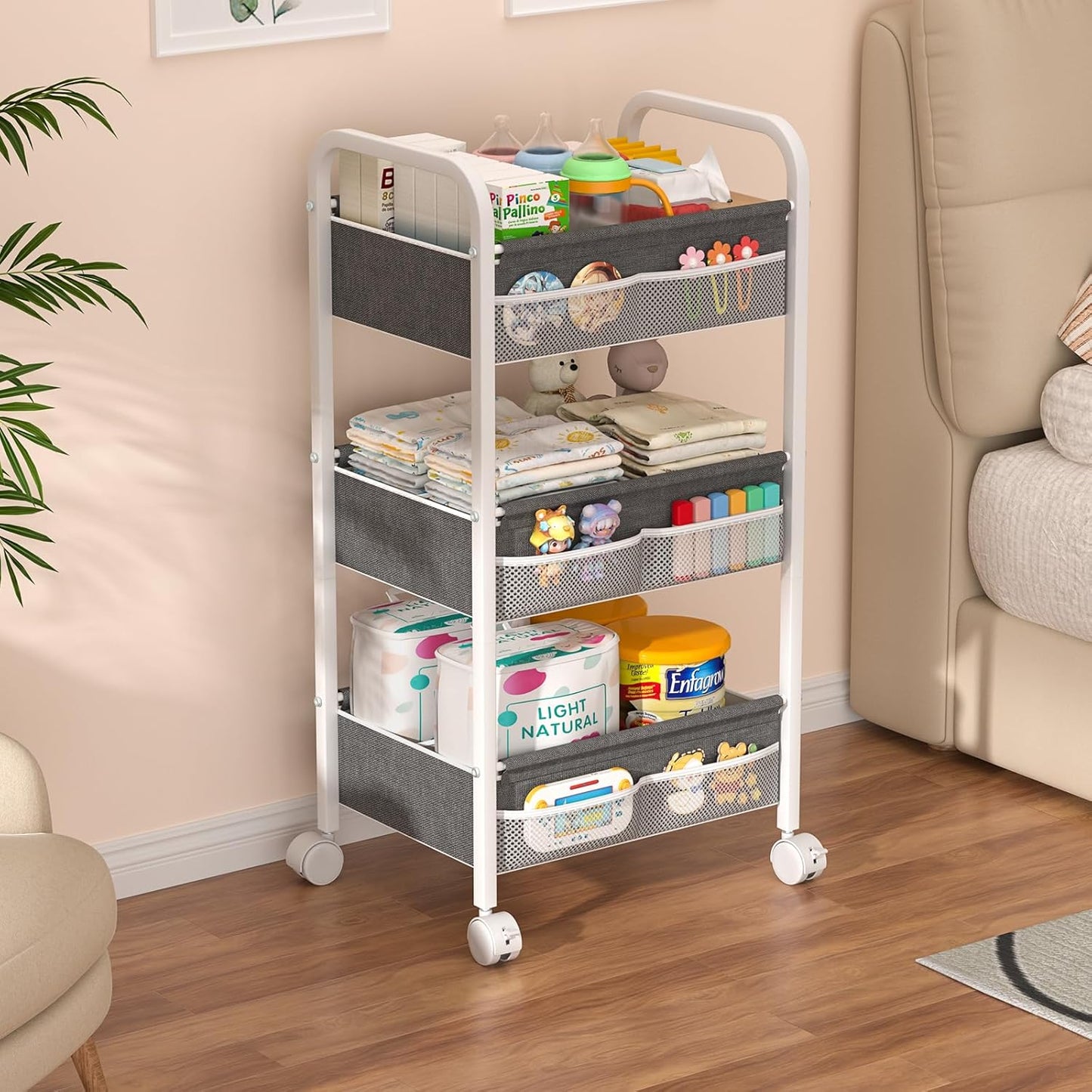 Baby Diaper Caddy Rolling Utility Cart, 3 Tier Baby Essentials Nursery Organizer and Storage with Dividers and Drawers for Crib, Bedroom, Art & Craft Organizer (Black)