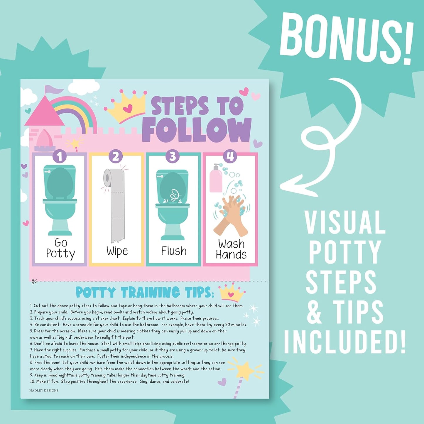 Hadley Designs Potty Training Chart for Toddlers Girls -10 Sticker Potty Chart for Toddlers Girls, 8.5x11" Potty Training Sticker Charts for Toilet Success, Unicorn Toddler Reward Chart for Kids