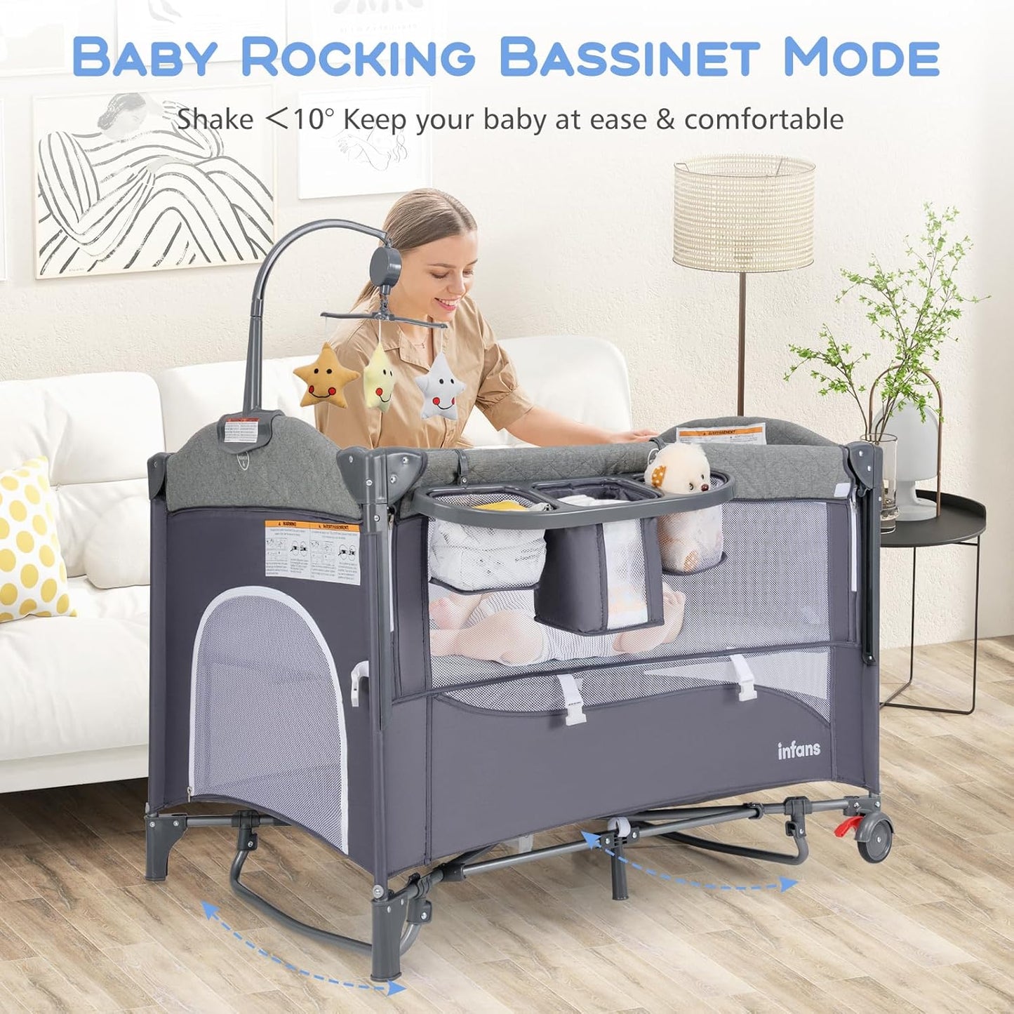 INFANS Pack and Play, 5 in 1 Baby Bedside Sleeper with Bassinet, Diaper Changer, Mattress, Carry Bag, Music Box Hanging Toys, Foldable Bedside Crib, Portable Playard for Newborn Toddlers (Gray)