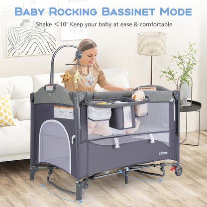 INFANS Pack and Play, 5 in 1 Baby Bedside Sleeper with Bassinet, Diaper Changer, Mattress, Carry Bag, Music Box Hanging Toys, Foldable Bedside Crib, Portable Playard for Newborn Toddlers (Gray)