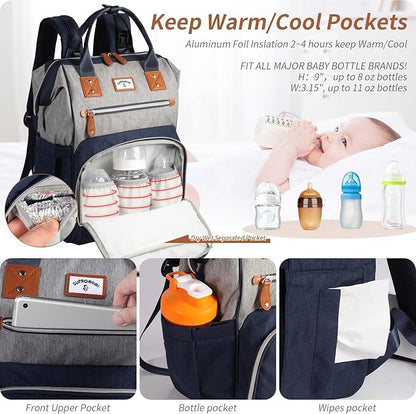 Diaper Bag Backpack: Tote Baby Bag for Boy and Girl, Large Mommy Bag Insulated Pockets Charger Holes for Men and Women, Nappy Bag for Baby Airplane Traveing Blue Grey