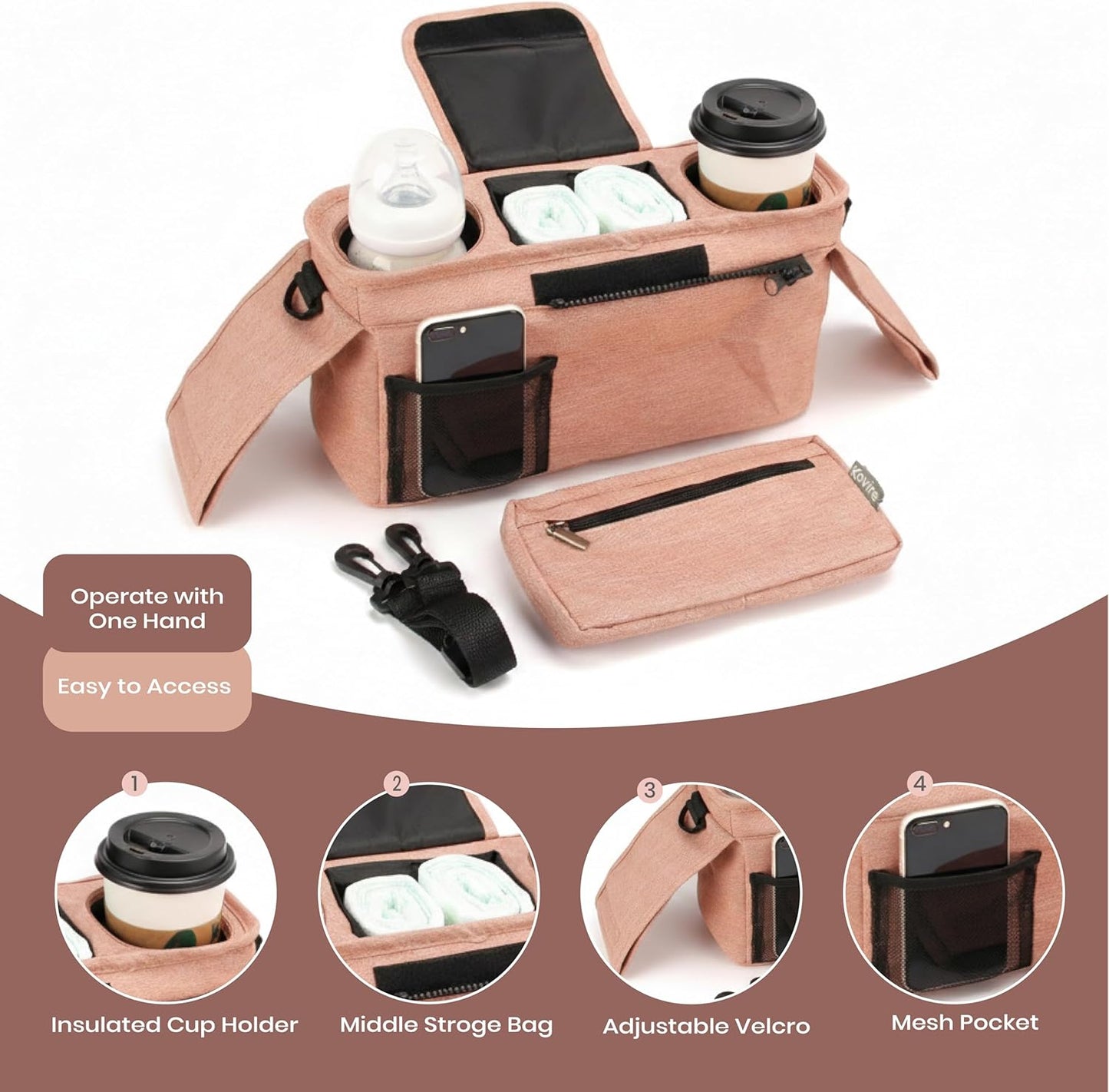 Black Universal Stroller Organizer with 2 Insulated Cup Holders, 3-in-1 Stroller Caddy with Detachable Phone Bag & Non-Slip Shoulder Strap, Fits Uppababy, Nuna, Doona, Baby Essentials