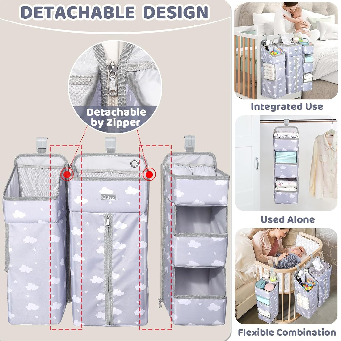 Orzbow 3-in-1 Hanging Diaper Caddy Organizer for Changing Table, Nursery Organization and Diaper Stacker for Crib Wall, Removable Diaper Organizer for Baby Girl Essentials, Pink