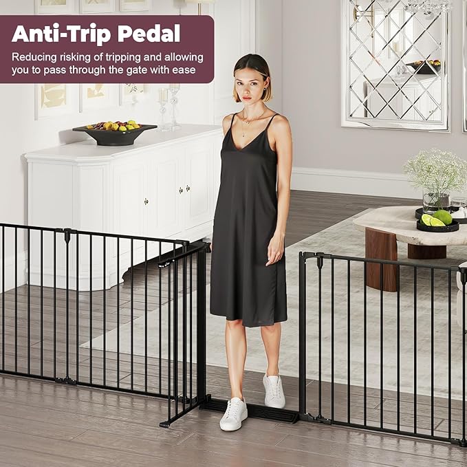 144" Extra Wide Baby Gate with Door, Configurable 6 Panels Baby Fence, Fireplace Gate with Anti-Trip Pedal, Family Essentials Safety Gate for Child Dogs Pets, 28'' Tall Black