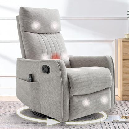 cinkehome Swivel Rocker Recliner, Glider Rocker Recliner Chair for Nursery, Manual Reclining Chair with Heated Massage, Small Spaces, Living Room, Khaki Chenille