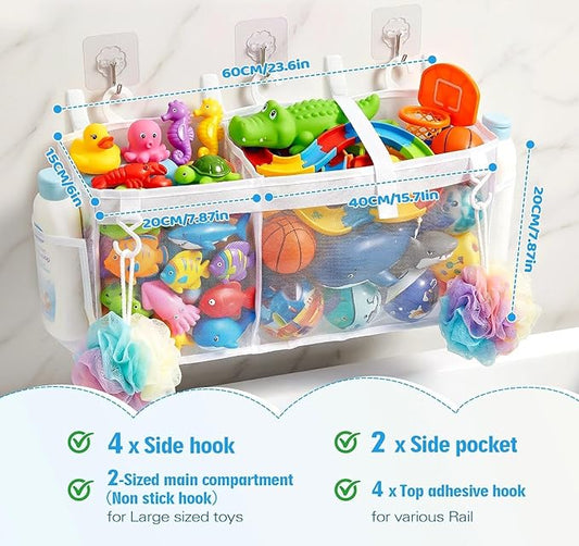 Extra Large Openings Bath Toy Organizer with 2 Compartments and Multiple Pockets, Quick-Dry Mesh Bathtub Toy Storage and Holder for Easy Access and Sorting of Toys