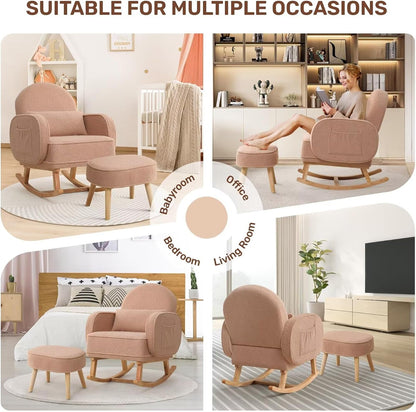 HCHAIRH Nursery Rocking Chair with Ottoman, Upholstered Glider Rocker with High Backrest Side Pocket, Rocking Accent Armchair with Solid Wood Legs for Nursery, Living Room, Bedroom, Light Grey