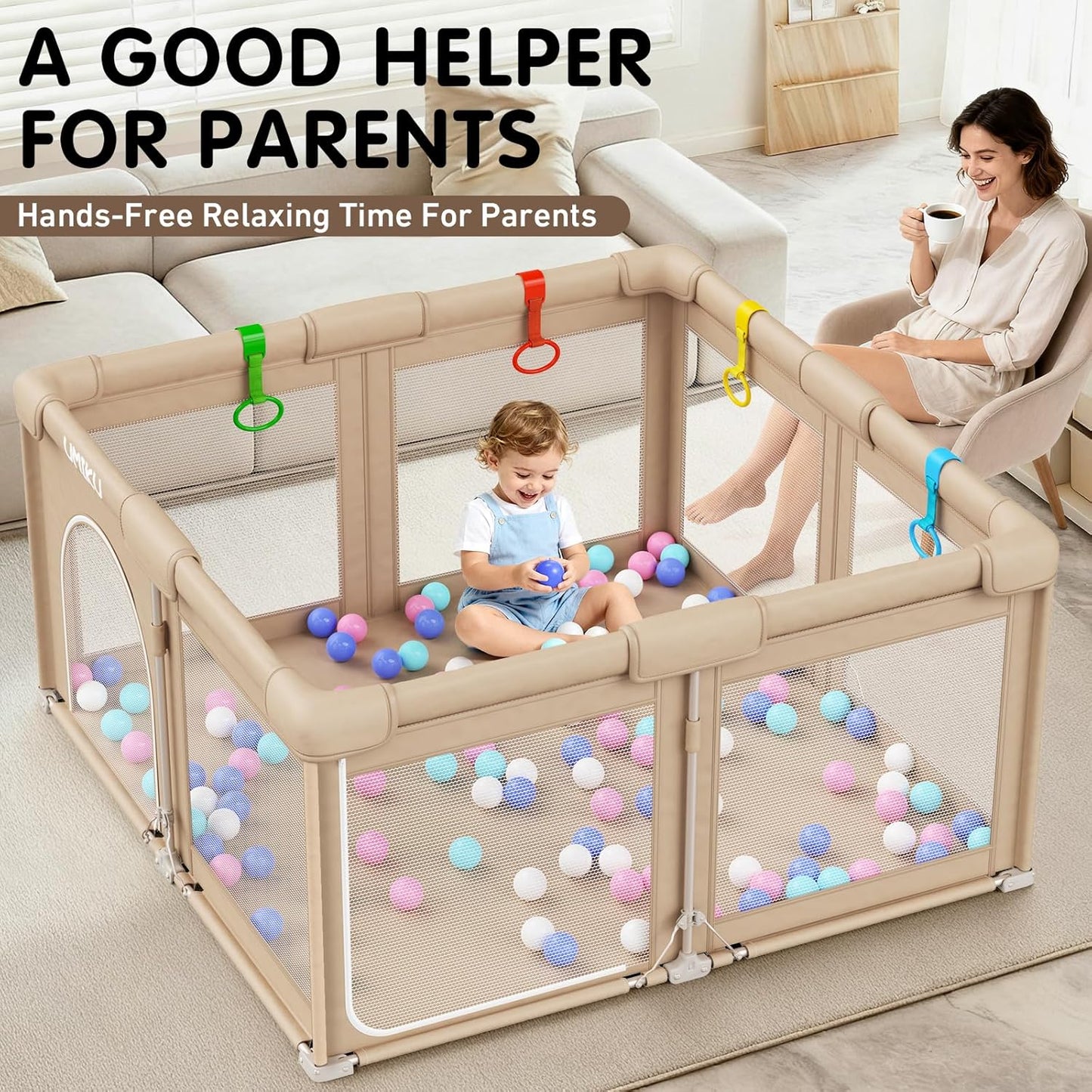 Baby Playpen Foldable Playpen for Babies and Toddlers, Large Playpens Portable Play Pen Play Yard for Kids Fence Indoor Outdoor Travel 4 Handlers 50 Balls Baby Gifts Essentials 50"X50" Dark Grey