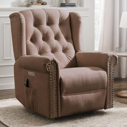 VIVIJASON Power Swivel Rocking Recliner Chair with Massage & Heat, Electric Rocker Nursery Glider Chair, Wingback Tufted Upholstered Recliner W/Type-C & USB Ports for Living Room, Bedroom, Beige