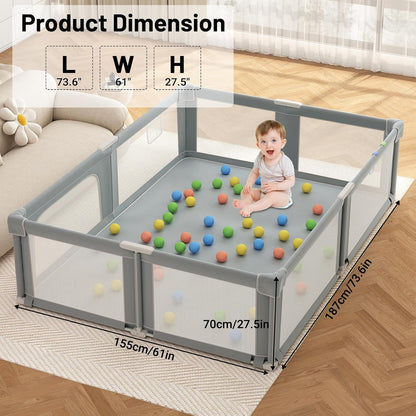 Foldable Playpen for Babies and Toddlers, 51" Portable Play Pen with Mat and Ocean Balls, Play Yard with with Visible Mesh for Inddor and Outdoor, No Assembly Required, Dark Gray