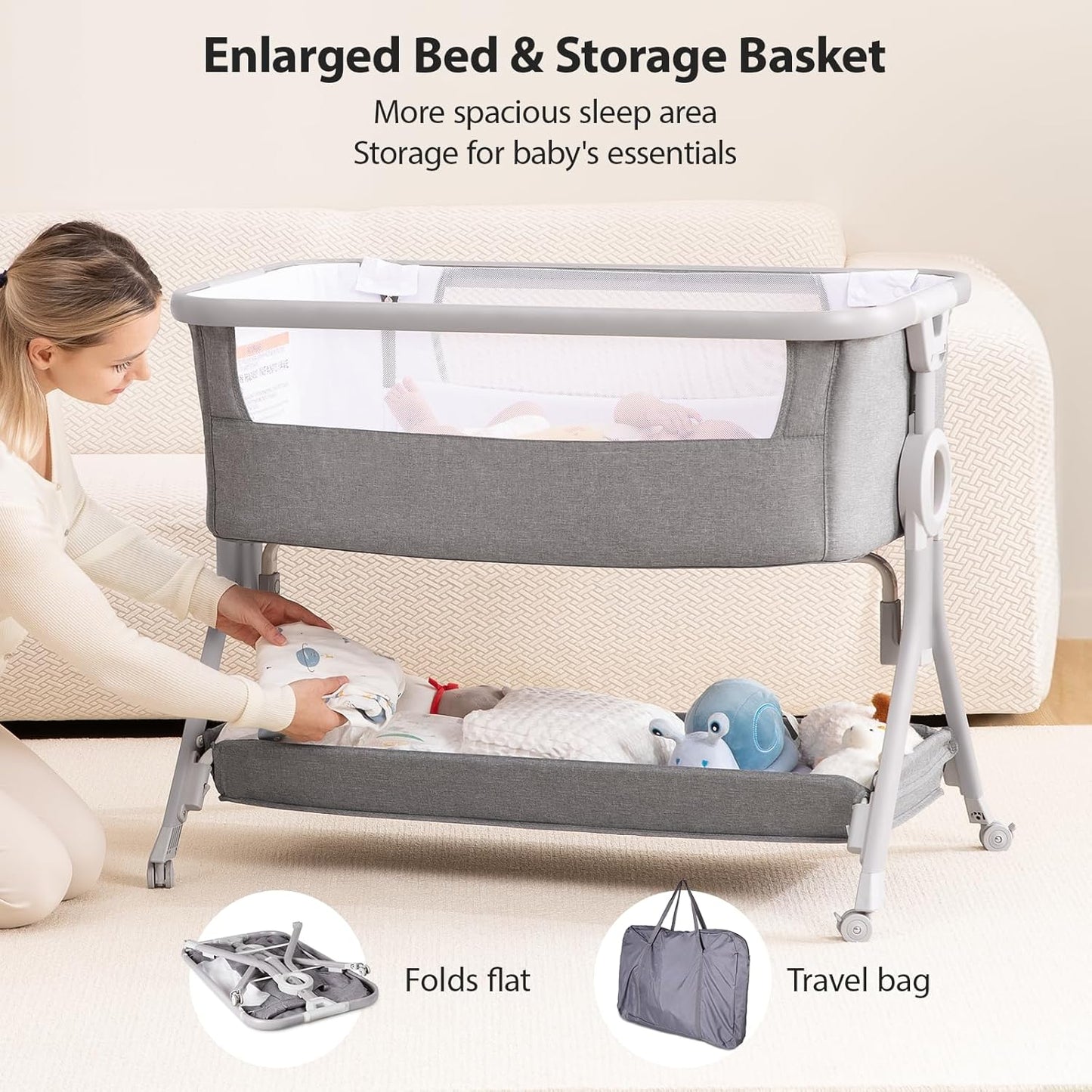Larex Baby Bassinet Bedside Sleeper Crib Co Sleeper for Newborn Infant Toddler with Mosquito Net, Storage Bag & Basket, 5-Height Adjustable, Movable Wheels, Breathable Mattress & Mesh (Dark Gray)