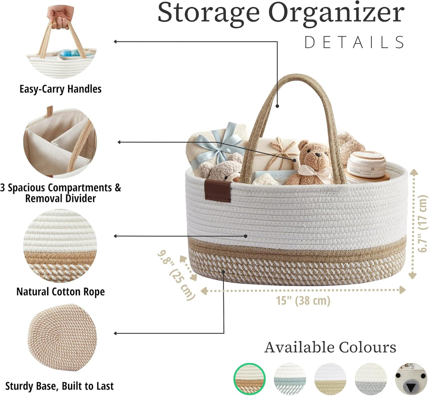 DECOMOMO Baby Caddy Organizer, Mother's Day Diaper Caddy Basket, Baby Baskets for Baby Shower (Spiral Beige & White, Large)