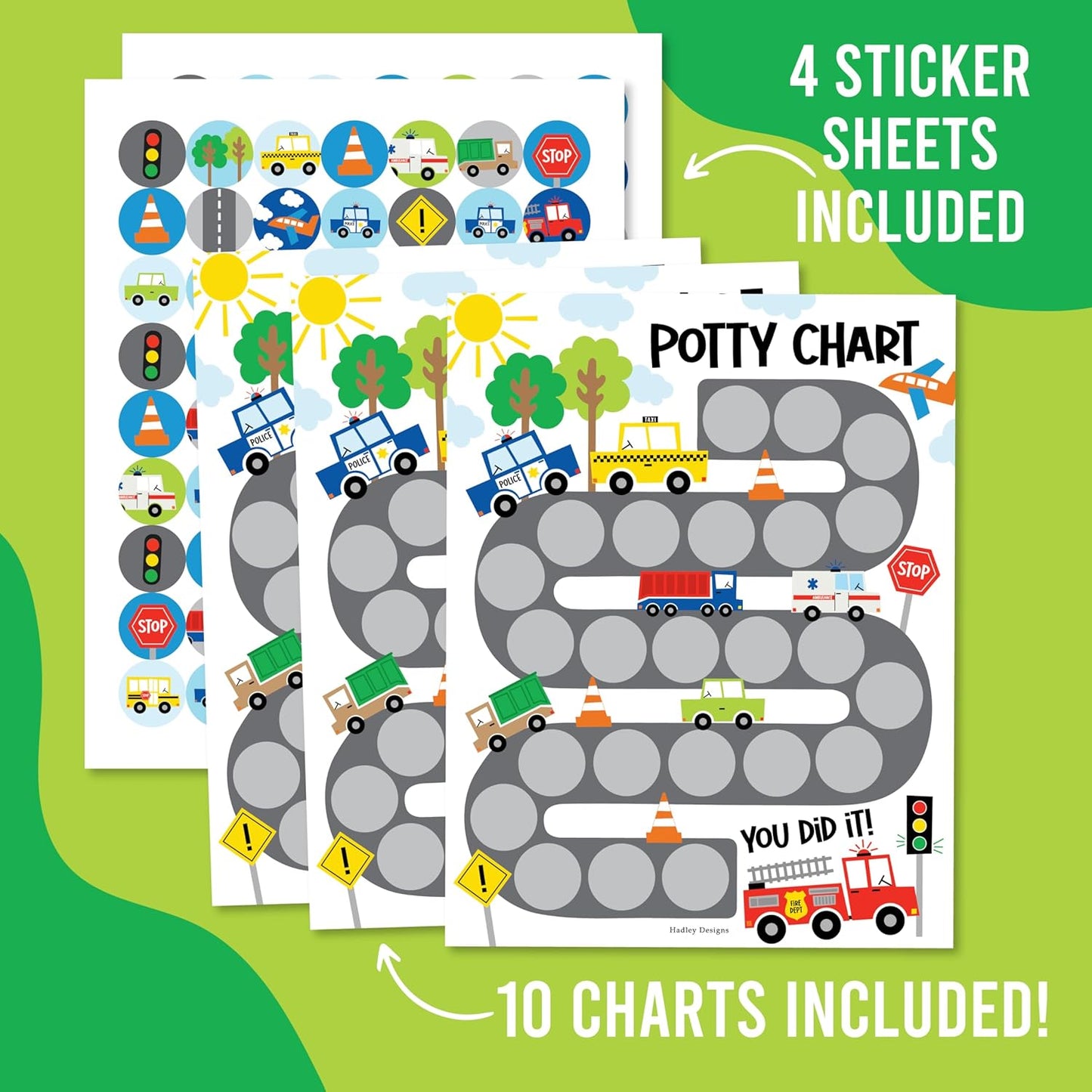 Hadley Designs Potty Training Chart for Toddlers Boys -10 Sticker Potty Chart for Toddlers Boys, 8.5x11" Potty Training Sticker Charts for Toilet Success, Monster Truck Toddler Reward Chart for Kids