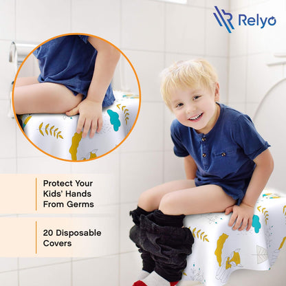 Relyo Disposable Toilet Seat Cover for Travel – 20 Pack with Covers Wrapped in Sets of 2, Non-Flushable Liners, Fits Most Seats – Kids, Toddlers, Adults (Dinosaurs, 20)