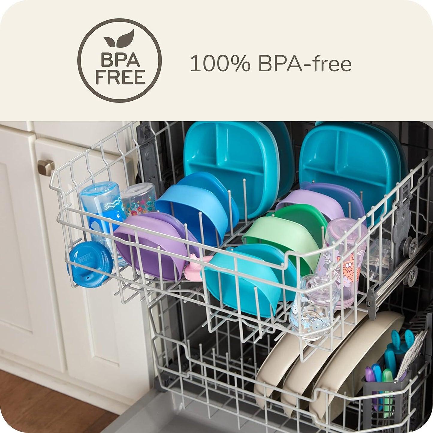 NUK Silicone Baby Tableware Bundle, Includes 1 Plate, 1 Bowl, 1 Cup, & 1 Spoon, Durable Suction Feature Helps Reduce Spills, Microwave-Safe, BPA-Free