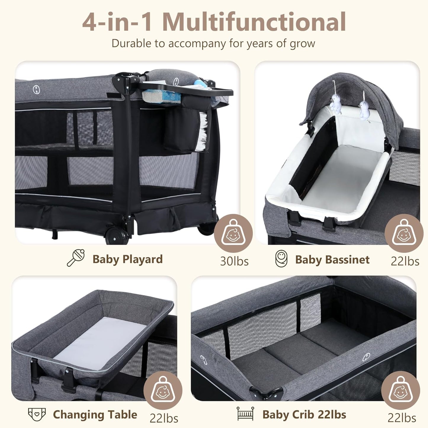 Kinder King 4 in 1 Foldable Pack and Play with Bassinet & Changing Table, Portable Playard for Babies and Toddlers, Adjustable Canopy, Storage Bag, Light Gray