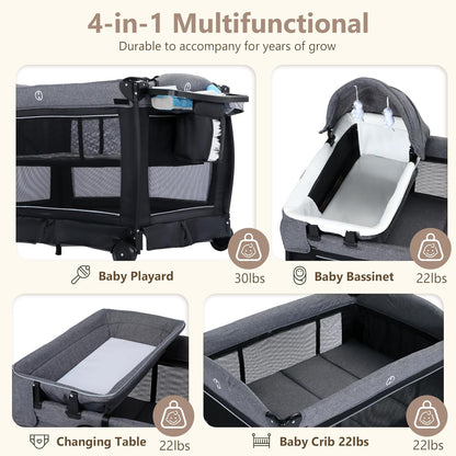 Kinder King 4 in 1 Foldable Pack and Play with Bassinet & Changing Table, Portable Playard for Babies and Toddlers, Adjustable Canopy, Storage Bag, Light Gray