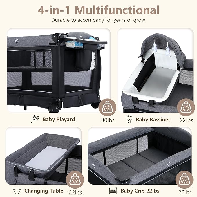 Kinder King 4 in 1 Foldable Pack and Play with Bassinet & Changing Table, Portable Playard for Babies and Toddlers, Adjustable Canopy, Storage Bag, Black