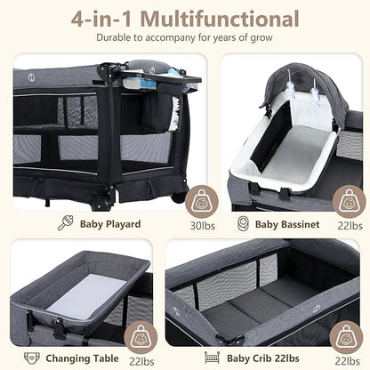 Kinder King 4 in 1 Foldable Pack and Play with Bassinet & Changing Table, Portable Playard for Babies and Toddlers, Adjustable Canopy, Storage Bag, Black