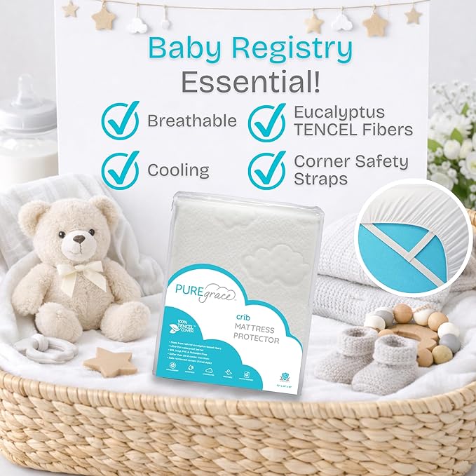 PUREgrace Crib Mattress Protector – Eucalyptus Tencel Fiber Waterproof Breathable Baby Mattress Pad Cover with Corner Safety Straps, Ultra Soft Cooling Durable Sleep Surface for Crib & Toddler Bed