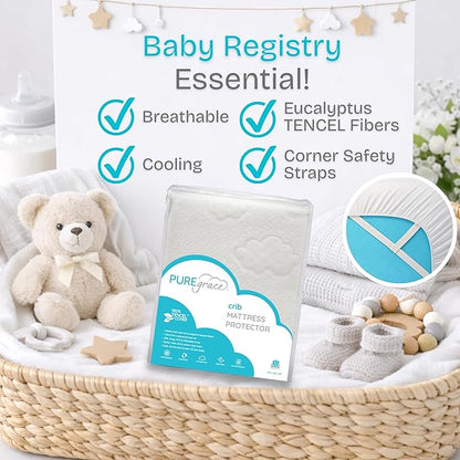 PUREgrace Crib Mattress Protector – Eucalyptus Tencel Fiber Waterproof Breathable Baby Mattress Pad Cover with Corner Safety Straps, Ultra Soft Cooling Durable Sleep Surface for Crib & Toddler Bed