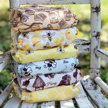 Mama Koala 3.0 Pocket Cloth Diapers for Babies with AWJ Lining, 6 Pack with 6 4-Layer Natural Cloth Diaper Inserts - Reusable and Washable Pocket Diapers(Hardworking Bees) - Colors A
