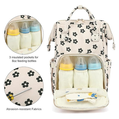 Baby Diaper Bag Backpack for Mom, Large Capacity Travel Nappy Bag for Boys & Girls with Stroller Straps (Corduroy Flowers)