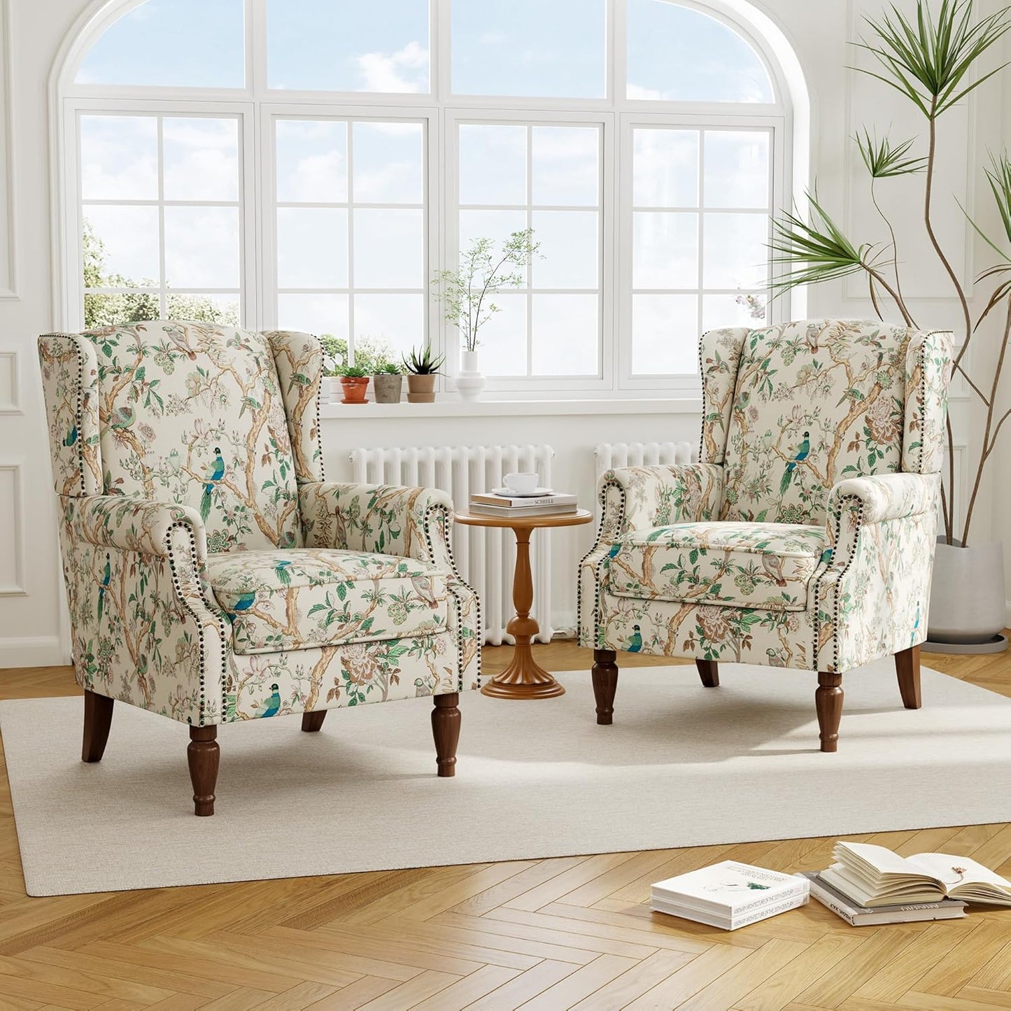Swivel Rocker Recliner Chair, Manual Nursery Glider Recliner, Floral Fabric Wingback Accent Chair with Adjustable Backrest & Footrest for Small Spaces Living Room Bedroom (Plants Floral, Set of 1)