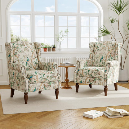 Swivel Rocker Recliner Chair, Manual Nursery Glider Recliner, Floral Fabric Wingback Accent Chair with Adjustable Backrest & Footrest for Small Spaces Living Room Bedroom (Plants Floral, Set of 1)