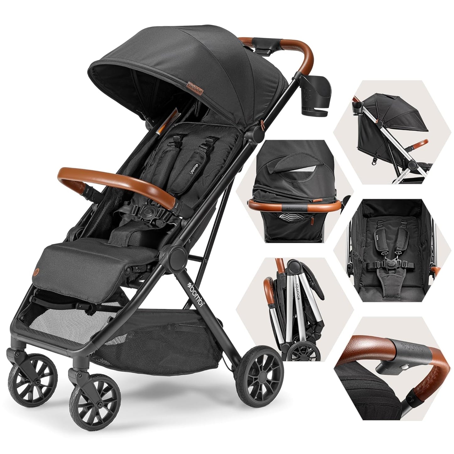 Bombi Bēbee V2 Lightweight Baby Stroller - Premium Vegan Leather, One-Hand Fold, Infinite Recline, Aircraft-Grade Aluminum Frame, XXL Canopy, and Ample Storage Umbrella Stroller - Sand