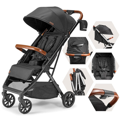 Bombi Bēbee V2 Lightweight Baby Stroller - Premium Vegan Leather, One-Hand Fold, Infinite Recline, Aircraft-Grade Aluminum Frame, XXL Canopy, and Ample Storage Umbrella Stroller - Sand